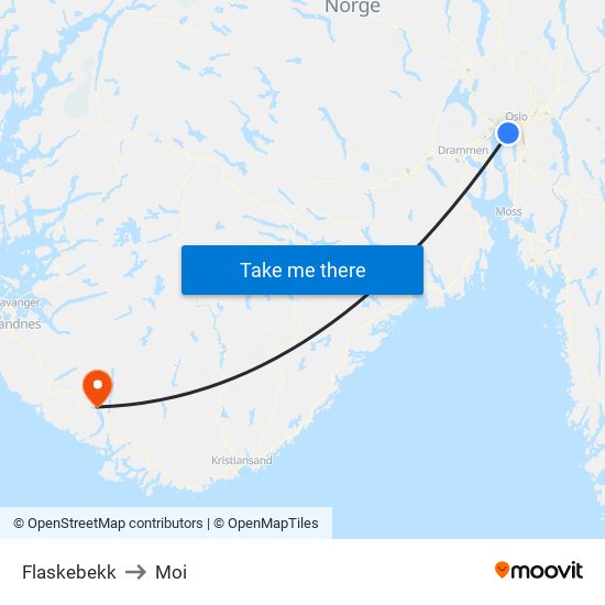 Flaskebekk to Moi map