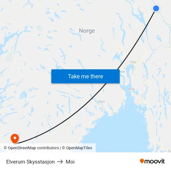 Elverum Skysstasjon to Moi map