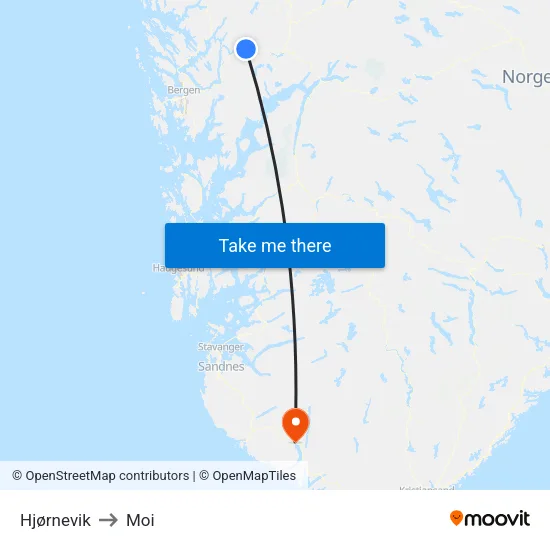 Hjørnevik to Moi map