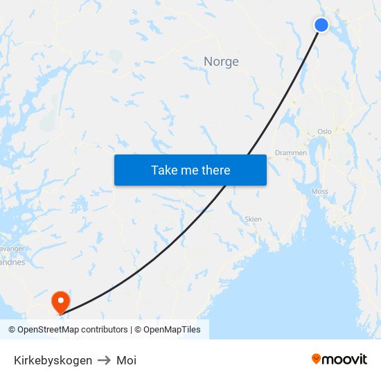 Kirkebyskogen to Moi map