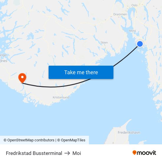 Fredrikstad Bussterminal to Moi map