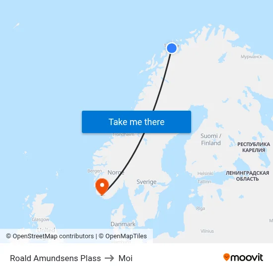 Roald Amundsens Plass to Moi map