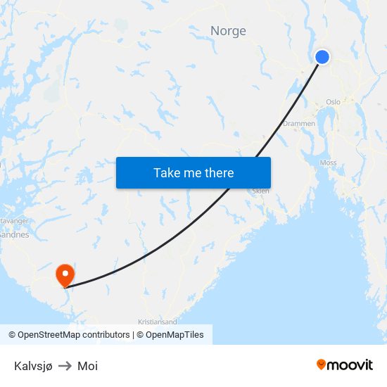 Kalvsjø to Moi map