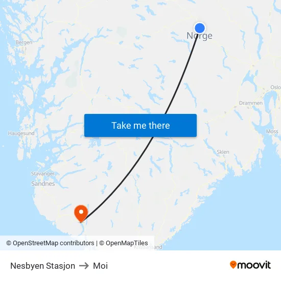 Nesbyen Stasjon to Moi map