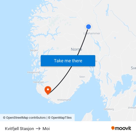 Kvitfjell Stasjon to Moi map