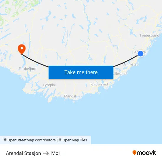 Arendal Stasjon to Moi map