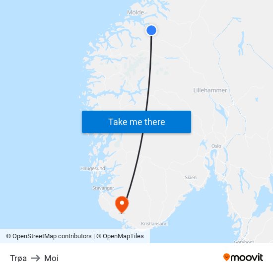 Trøa to Moi map