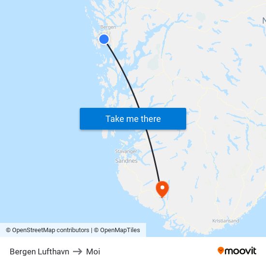 Bergen Lufthavn to Moi map