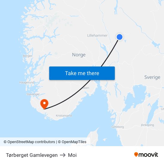 Tørberget Gamlevegen to Moi map