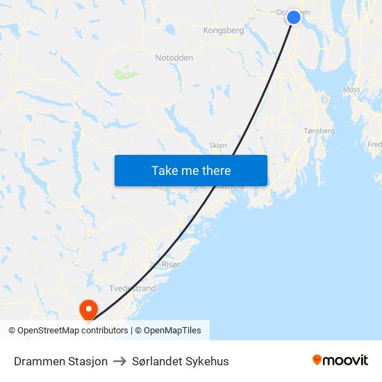 Drammen Stasjon to Sørlandet Sykehus map