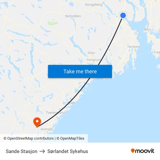 Sande Stasjon to Sørlandet Sykehus map