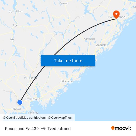 Rosseland Fv. 439 to Tvedestrand map