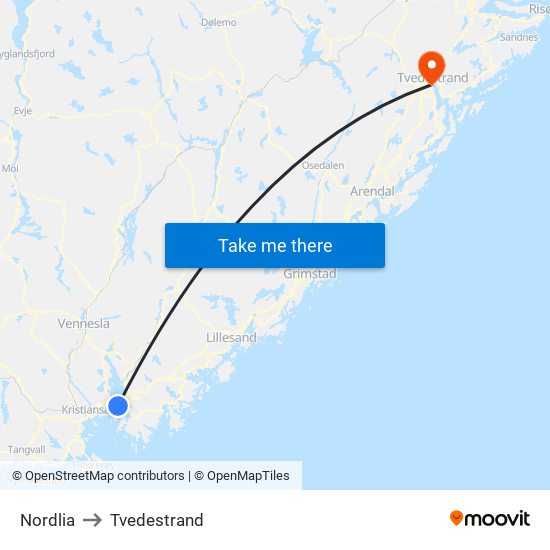 Nordlia to Tvedestrand map