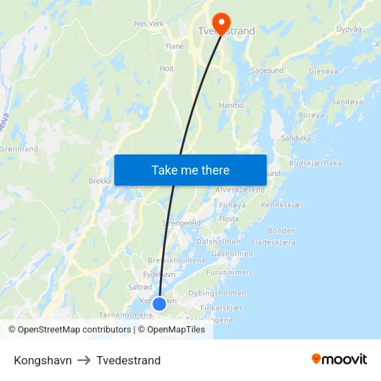 Kongshavn to Tvedestrand map