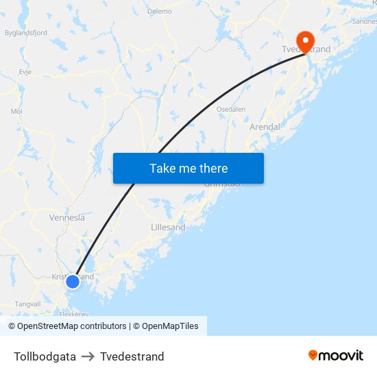 Tollbodgata to Tvedestrand map