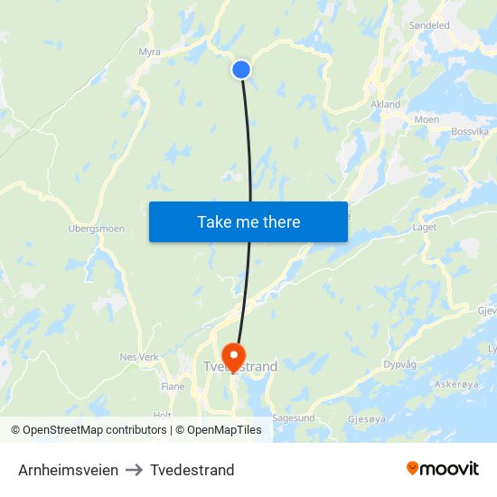 Arnheimsveien to Tvedestrand map