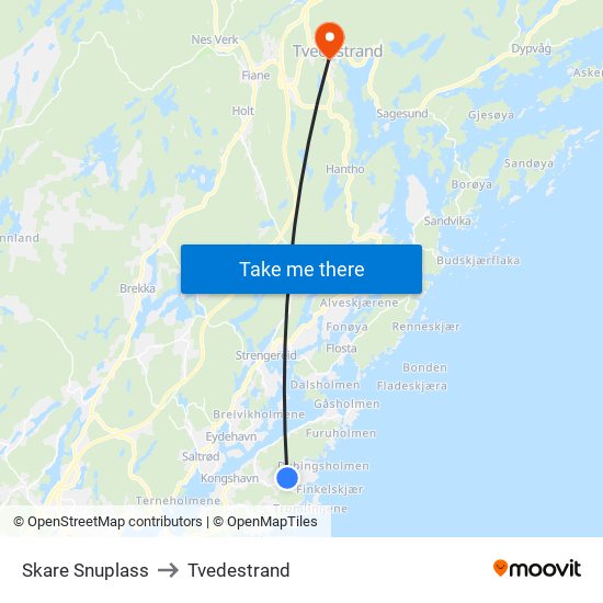 Skare Snuplass to Tvedestrand map