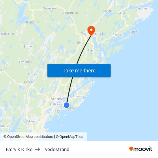 Færvik Kirke to Tvedestrand map