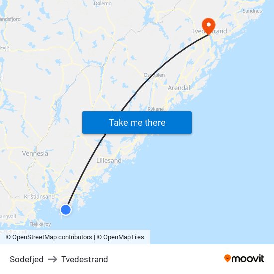 Sodefjed to Tvedestrand map