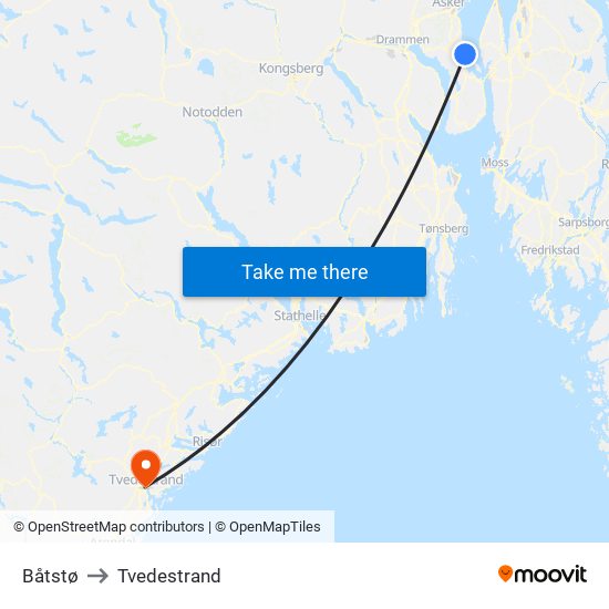 Båtstø to Tvedestrand map