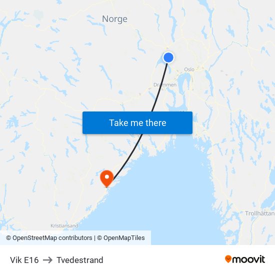 Vik E16 to Tvedestrand map