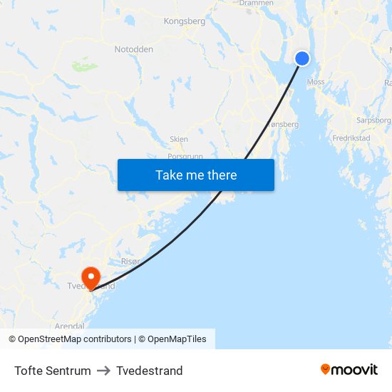 Tofte Sentrum to Tvedestrand map