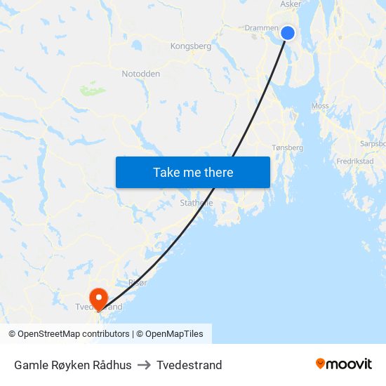 Gamle Røyken Rådhus to Tvedestrand map