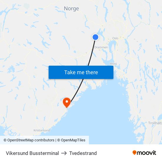 Vikersund Bussterminal to Tvedestrand map