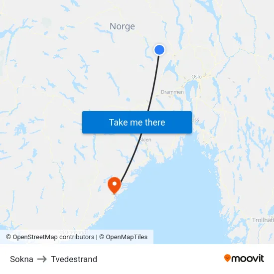 Sokna to Tvedestrand map