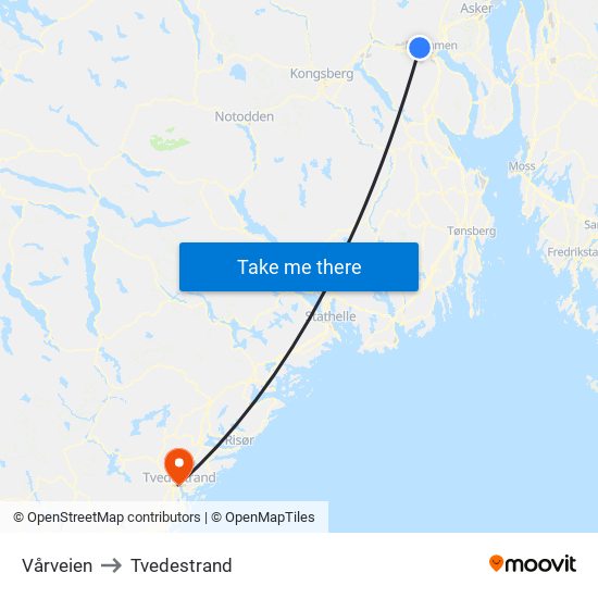 Vårveien to Tvedestrand map