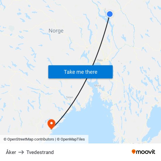 Åker to Tvedestrand map