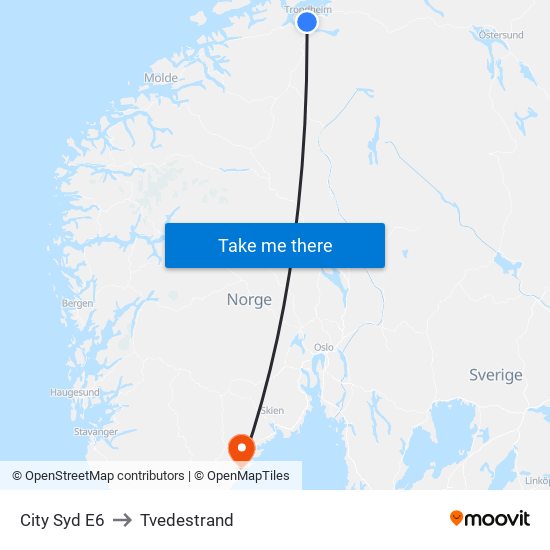 City Syd E6 to Tvedestrand map