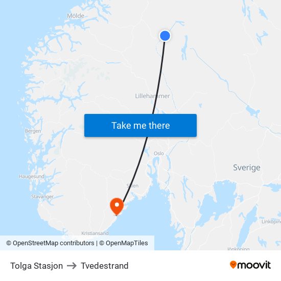 Tolga Stasjon to Tvedestrand map