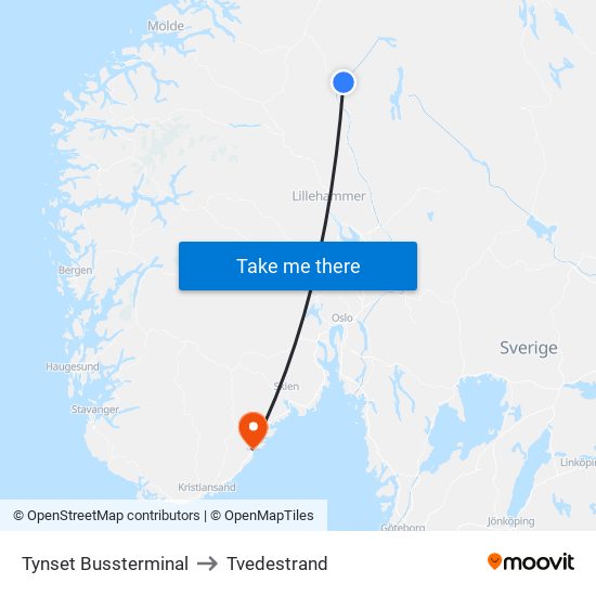 Tynset Bussterminal to Tvedestrand map