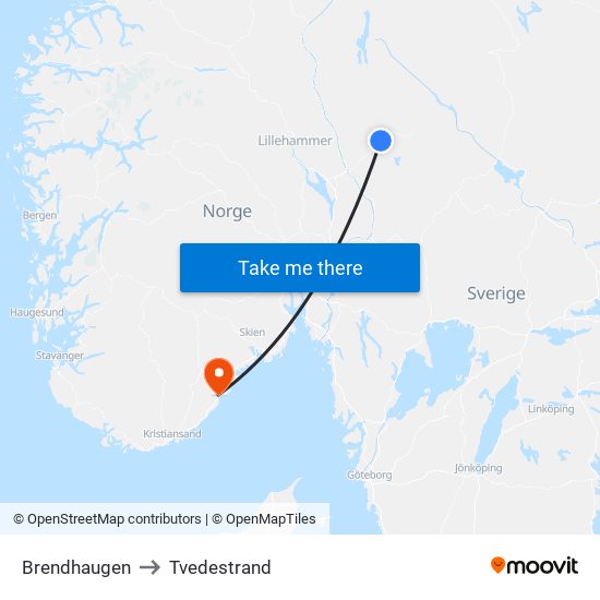 Brendhaugen to Tvedestrand map