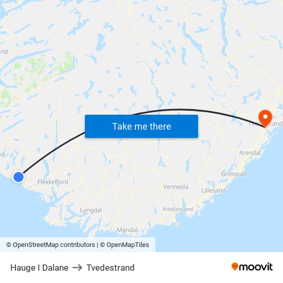 Hauge I Dalane to Tvedestrand map