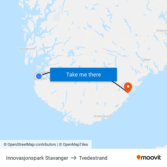 Innovasjonspark Stavanger to Tvedestrand map