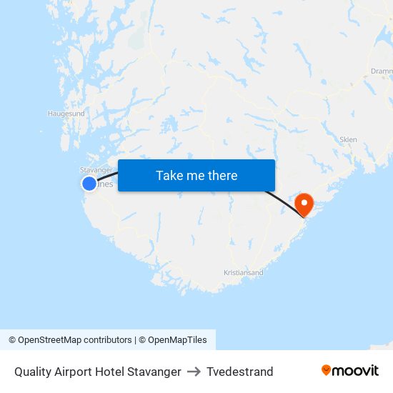 Quality Airport Hotel Stavanger to Tvedestrand map