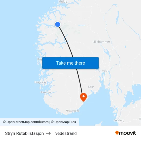Stryn Rutebilstasjon to Tvedestrand map