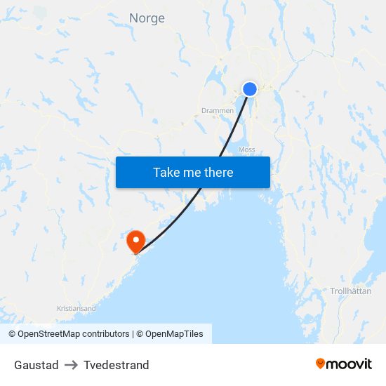 Gaustad to Tvedestrand map