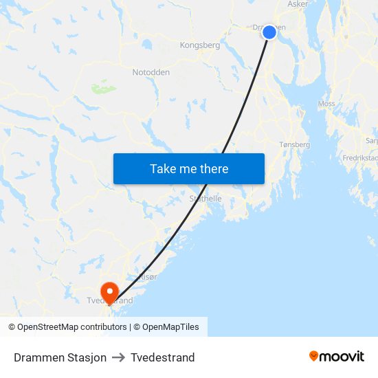 Drammen Stasjon to Tvedestrand map