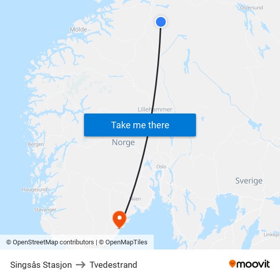 Singsås Stasjon to Tvedestrand map