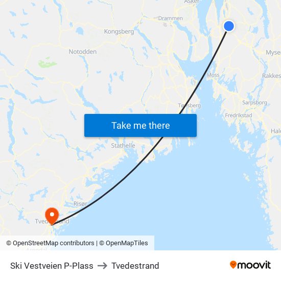 Ski Vestveien P-Plass to Tvedestrand map