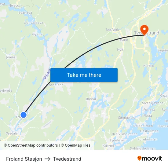 Froland Stasjon to Tvedestrand map