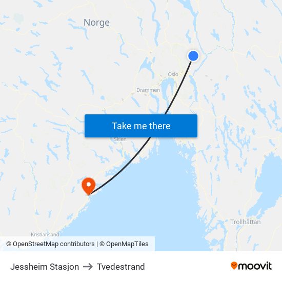 Jessheim Stasjon to Tvedestrand map