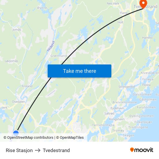 Rise Stasjon to Tvedestrand map