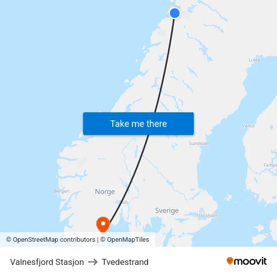 Valnesfjord Stasjon to Tvedestrand map