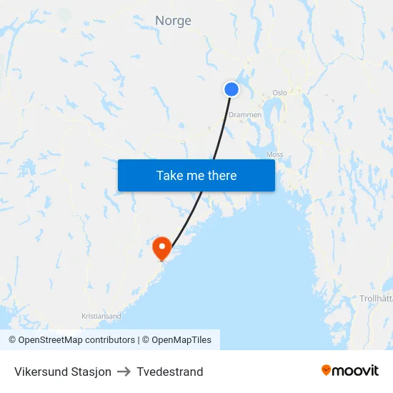 Vikersund Stasjon to Tvedestrand map