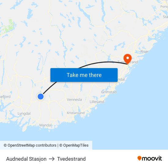 Audnedal Stasjon to Tvedestrand map