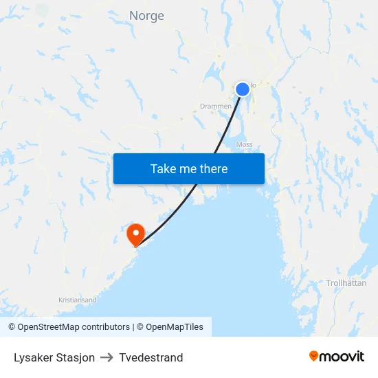 Lysaker Stasjon to Tvedestrand map